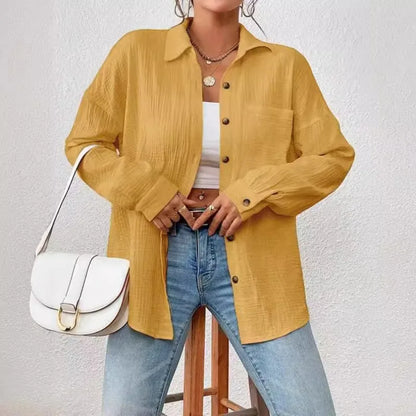 Women's Button-Up Shirt - Lightweight Crinkled Fabric - Relaxed Fit - Long Sleeve