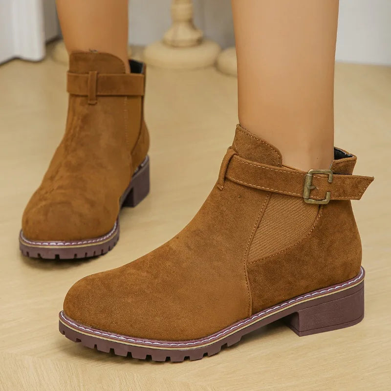 Women's winter buckle boots round toe chunky heels