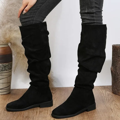 Women's high tube biker boots with chunky heel and round toe