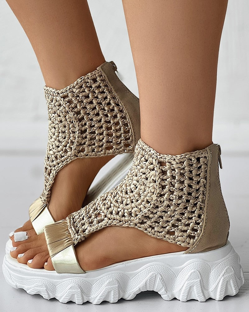 Women's Platform Sandals - Crochet Upper - High Ankle - Cushioned Rubber Sole