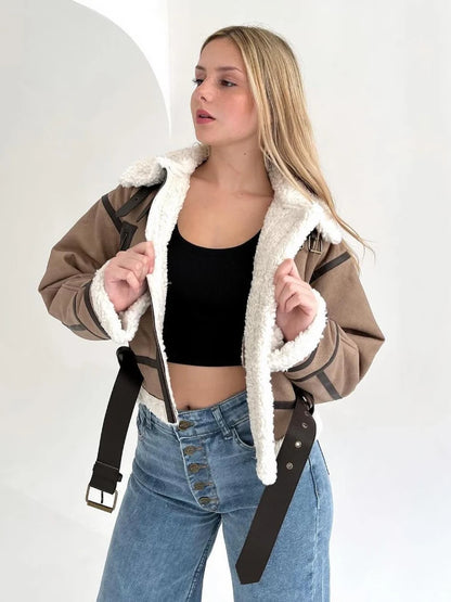 Women's faux shearling jacket winter belted coat long sleeve