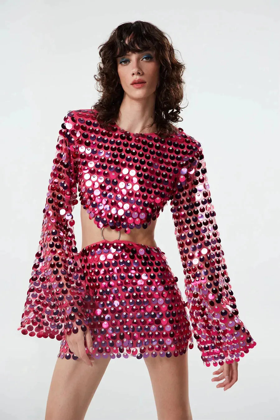 Women's Two-Piece Sequin Set - Long Sleeve Crop Top & Mini Skirt - Party Outfit