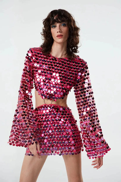 Women's Two-Piece Sequin Set - Long Sleeve Crop Top & Mini Skirt - Party Outfit