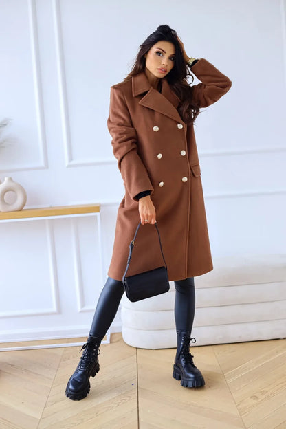 Women's double-breasted textured coat long sleeve lapel winter jacket