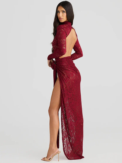Women’s Slip Dress – Lace Bodycon Fit – High Neck – Long Sleeve – Thigh Slit – Floral Applique