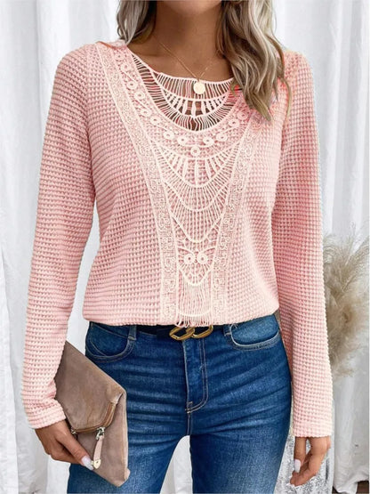 Women's Long-Sleeve Top - Waffle Knit - Lace Applique Detail - Scoop Neck - Relaxed Fit