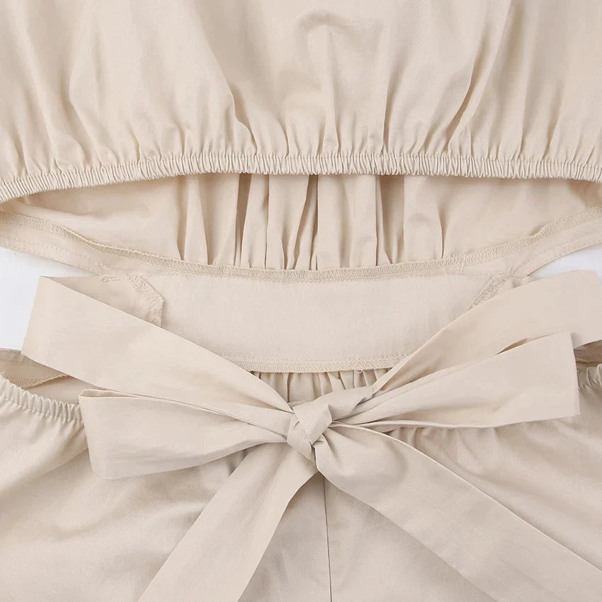 Women's Midi Dress - Puff Sleeve - Cut-Out Waist - A-Line Flowy Silhouette