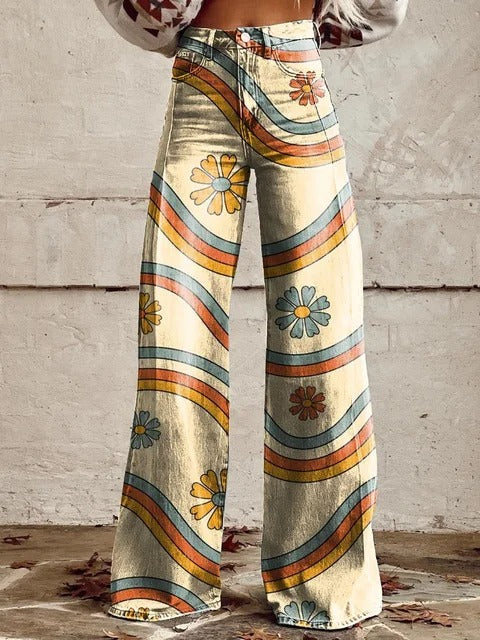 Retro Daisy Wave Wide-Leg Pants