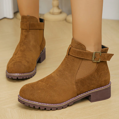 Women's casual mid-heel boots with chunky belt buckle style