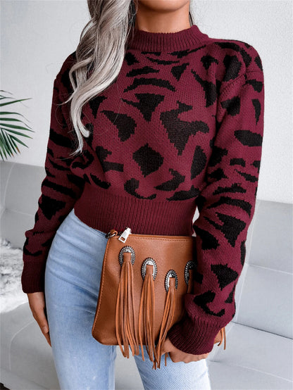 Women's neck leopard print cropped sweater
