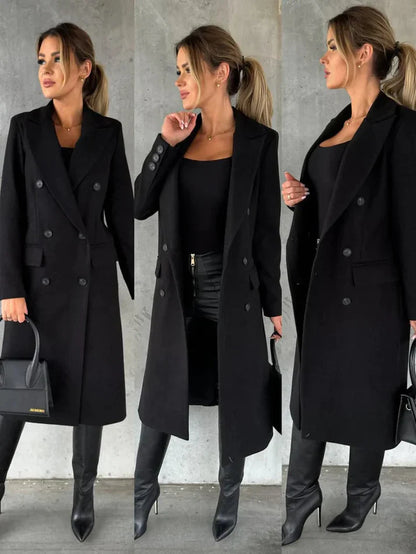 Women's long-sleeve double-breasted wool coat