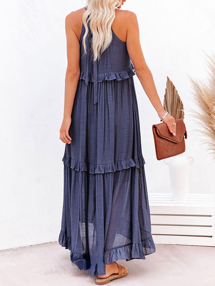 Women's Maxi Dress - Sleeveless Halter Neck - Flowy Relaxed Fit - Ruffled Detailing