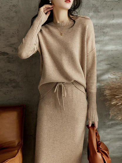 Women's loose pullover knit sweater skirt set