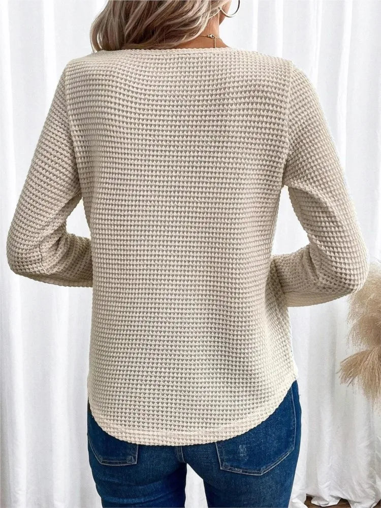 Women's Long-Sleeve Top - Waffle Knit - Lace Applique Detail - Scoop Neck - Relaxed Fit