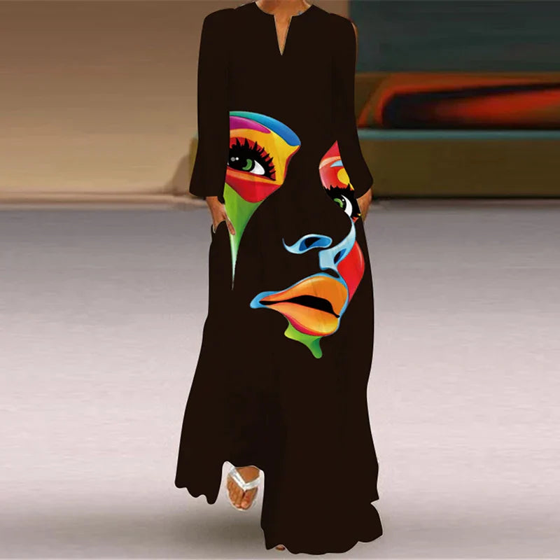 Women's long sleeve v-neck maxi dress colorful face print