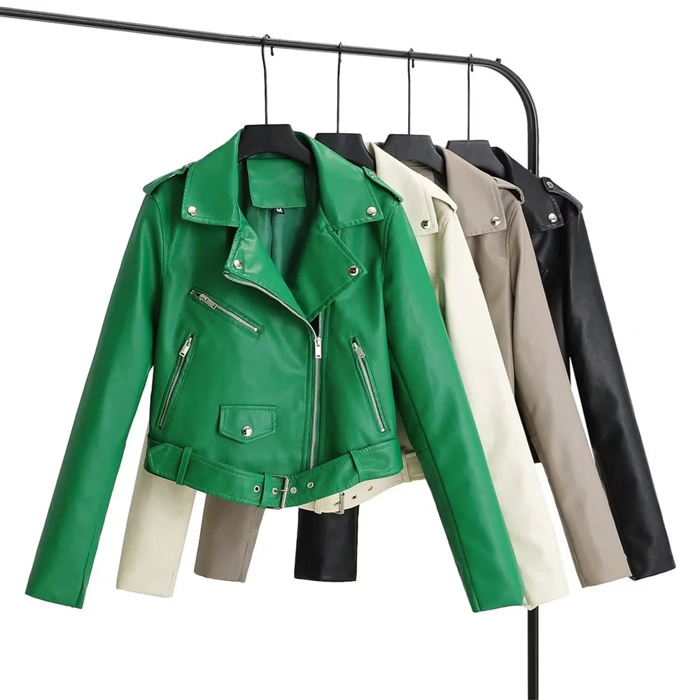 Women's zip-up belted PU leather moto jacket