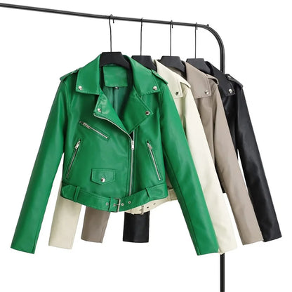 Women's zip-up belted PU leather moto jacket