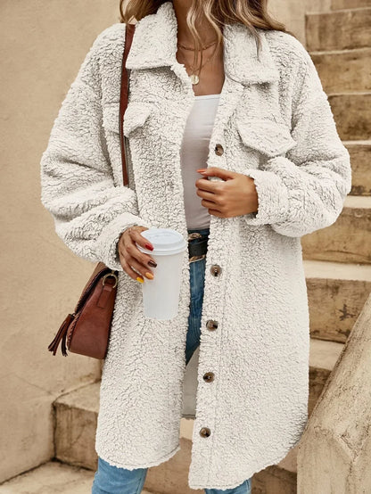 Women’s Teddy Coat - Sherpa Fleece - Oversized Fit - Button Front - Longline Casual Style