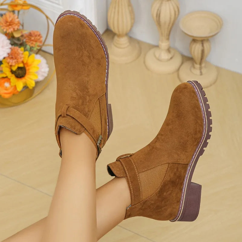 Women's winter buckle boots round toe chunky heels