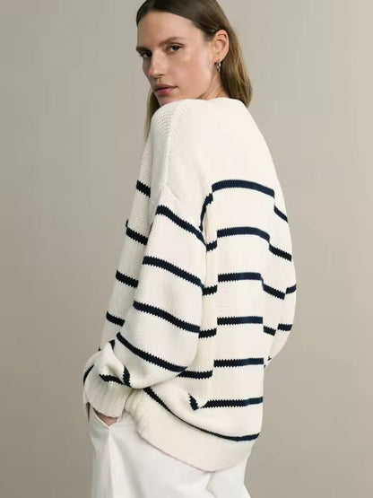 Women’s Cardigan – Relaxed Fit – Knit Striped – V-Neck Button Front – Ribbed Trim