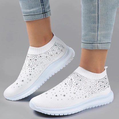 Women's Slip-On Sneakers - Knit Fabric - Rhinestone Embellished - Lightweight Sole