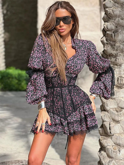Women's Floral Print Mini Dress - Puff Sleeve - Corset Waist - V-Neck Flowy Fit