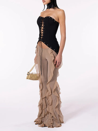 Women's ruffle-trim sheer wide-leg pants