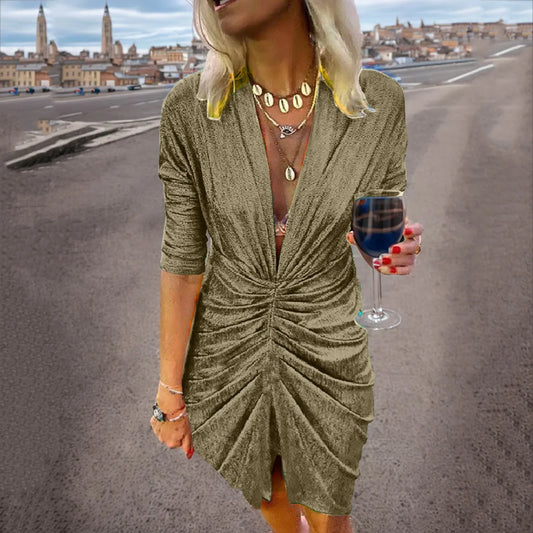 Ruched Waist V-Neck Knee-Length Dress
