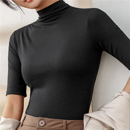Women's Turtleneck Top - Slim Fit - Stretch Fabric - Short Sleeve Elegant Style