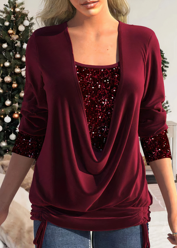 Women's sequin stitch u-neck long sleeve casual top