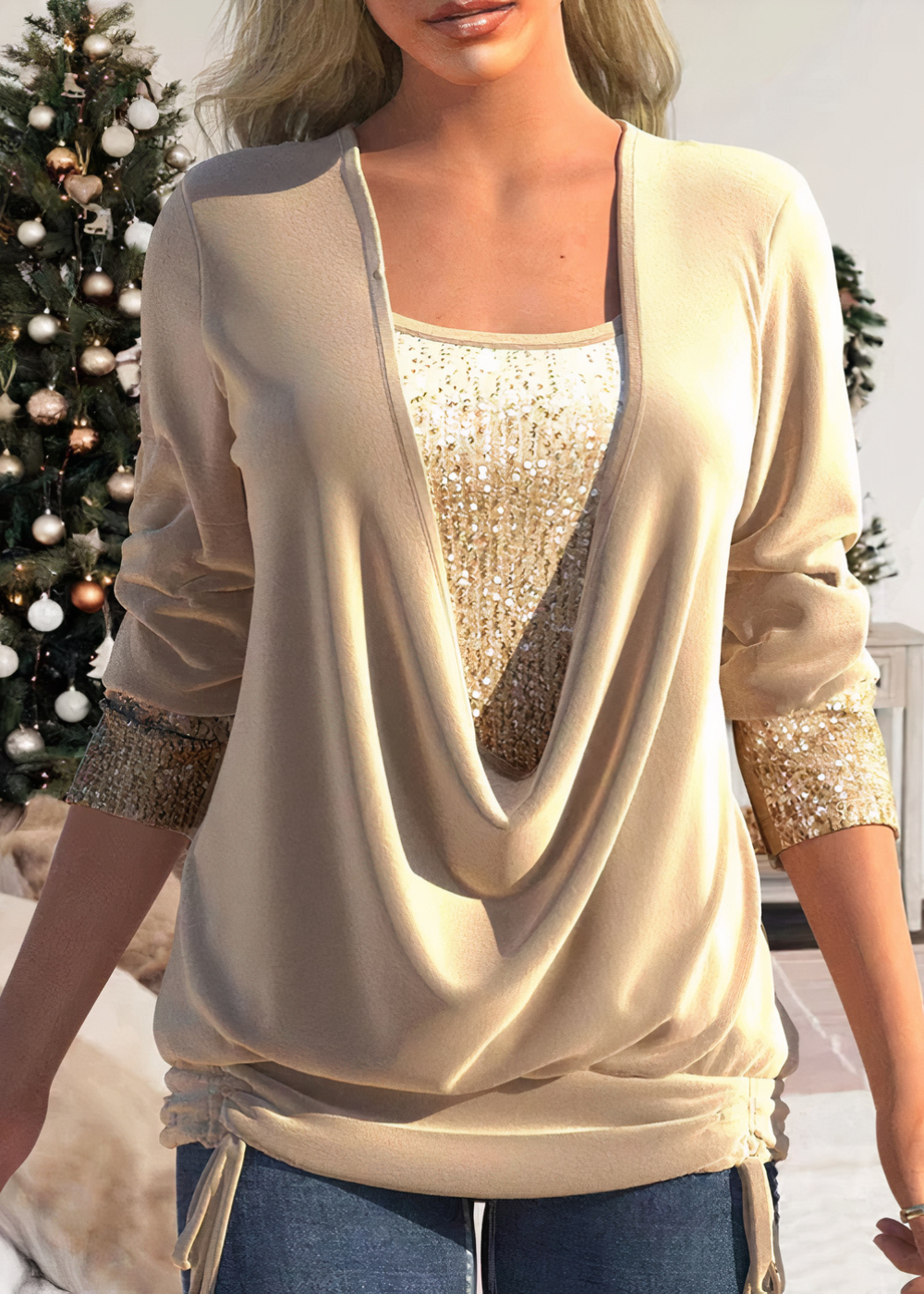 Women's sequin stitch u-neck long sleeve casual top