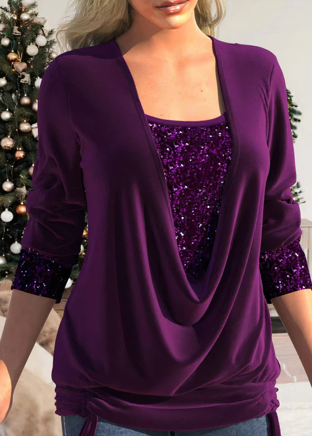 Women's sequin stitch u-neck long sleeve casual top