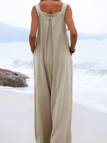 Women's Wide-Leg Jumpsuit - Breathable Fabric - Relaxed Fit - Button Straps & Pockets