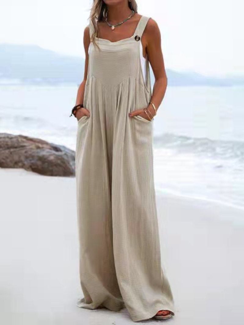 Women's Wide-Leg Jumpsuit - Breathable Fabric - Relaxed Fit - Button Straps & Pockets