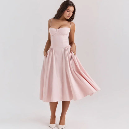 Women's Midi Dress - Fitted Bodice - Cup Detailing - Spaghetti Straps - Flowing Skirt