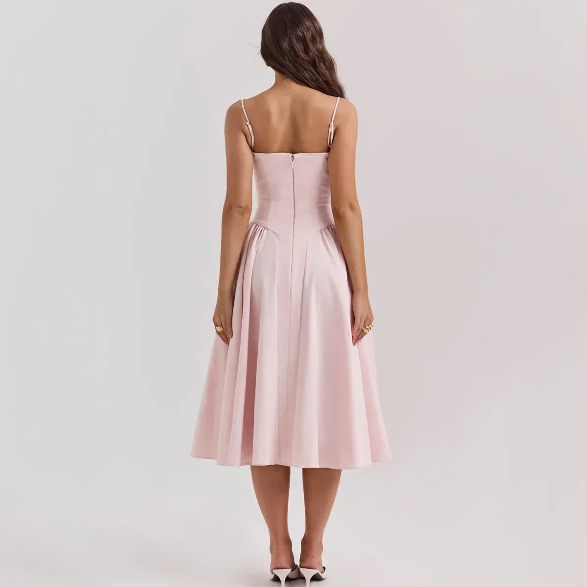 Women's Midi Dress - Fitted Bodice - Cup Detailing - Spaghetti Straps - Flowing Skirt