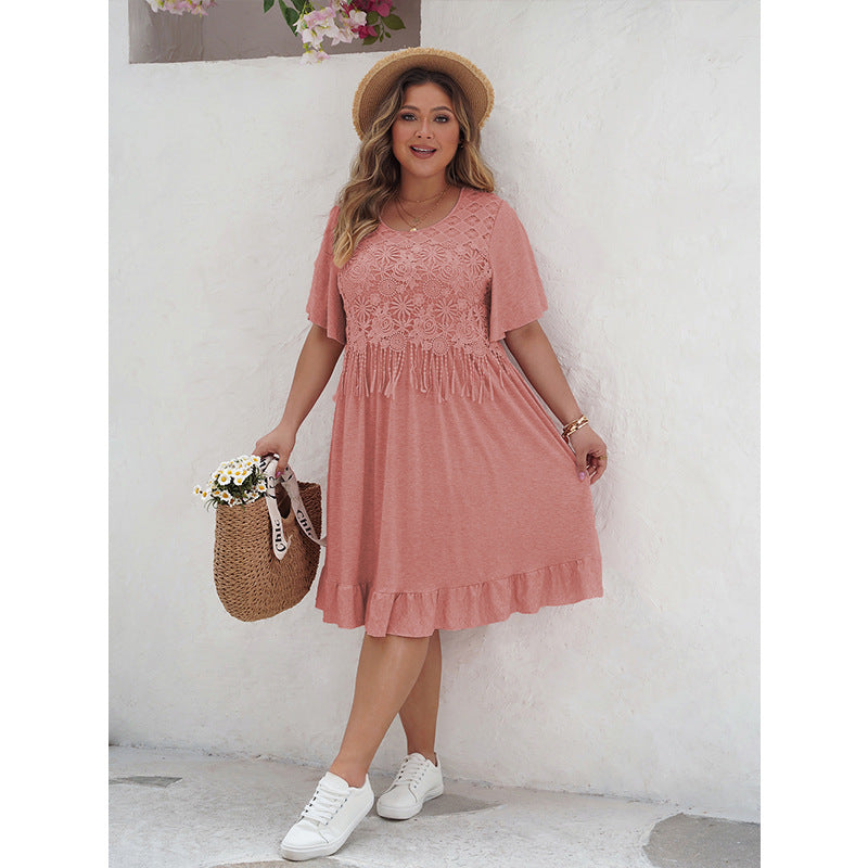 Women's A-Line Dress - Lace Detail - Short Sleeve - Ruffle Hem - Knee-Length Casual Wear