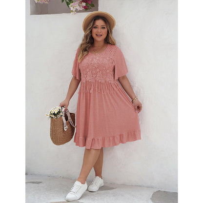 Women's A-Line Dress - Lace Detail - Short Sleeve - Ruffle Hem - Knee-Length Casual Wear
