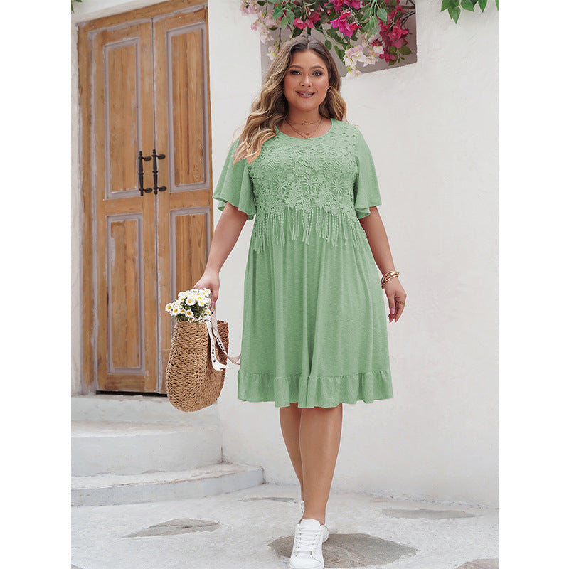 Women's A-Line Dress - Lace Detail - Short Sleeve - Ruffle Hem - Knee-Length Casual Wear