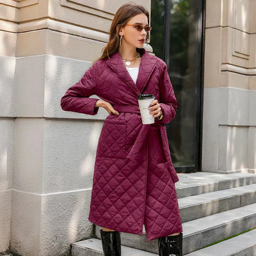 Women's diamond-shaped coat with waist tie