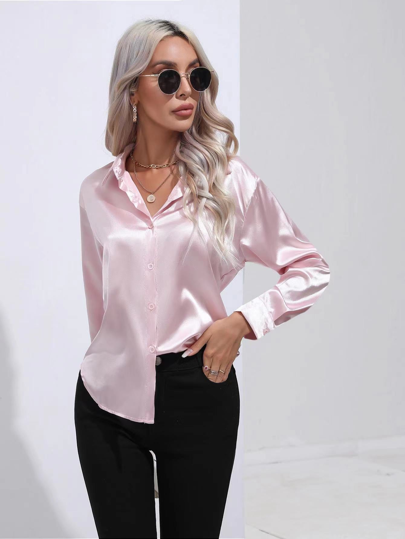 Women's Satin Blouse - Button Down - Classic Collar - Long Sleeve Elegant Shirt