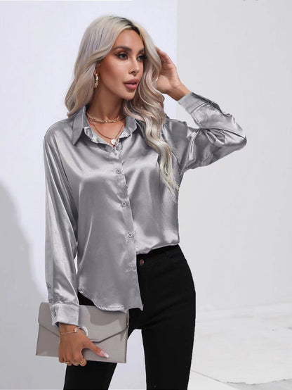 Women's Satin Blouse - Button Down - Classic Collar - Long Sleeve Elegant Shirt