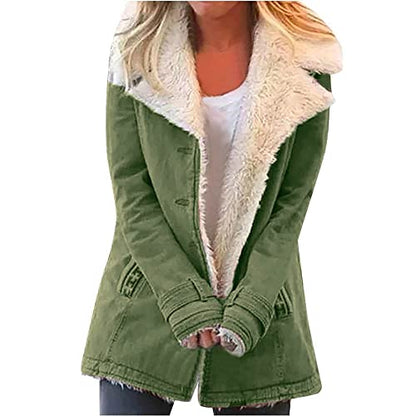 Women's Shearling-Lined Suede Jacket - Mid-Length - Wide Lapel - Button Closure