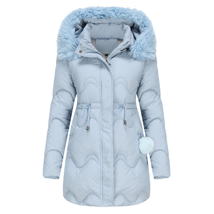 Women's winter jacket with detachable hood and zip fasteners