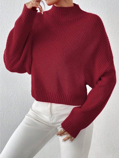 Women’s Knit Sweater - Ribbed Wool Blend - High Neck - Oversized Fit - Long Sleeve