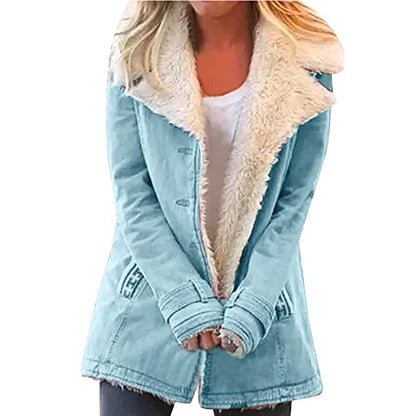 Women's Shearling-Lined Suede Jacket - Mid-Length - Wide Lapel - Button Closure