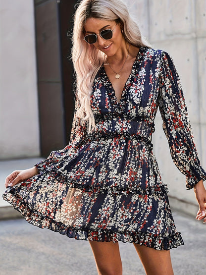 Women's Floral Dress - V-Neck Long Sleeve - Tiered Ruffle Flowy Casual Wear
