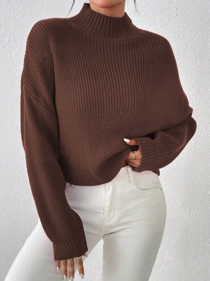 Women’s Knit Sweater - Ribbed Wool Blend - High Neck - Oversized Fit - Long Sleeve