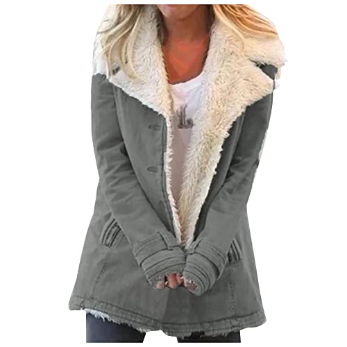 Women's Shearling-Lined Suede Jacket - Mid-Length - Wide Lapel - Button Closure