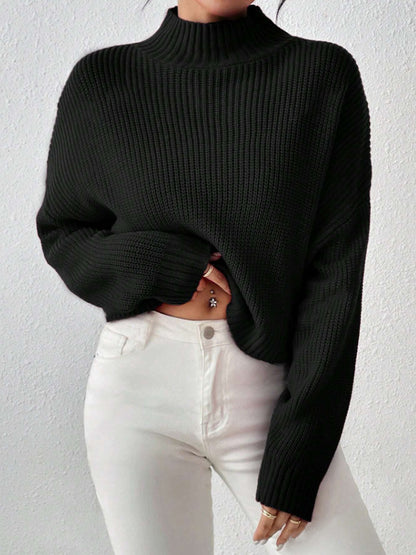 Women’s Knit Sweater - Ribbed Wool Blend - High Neck - Oversized Fit - Long Sleeve